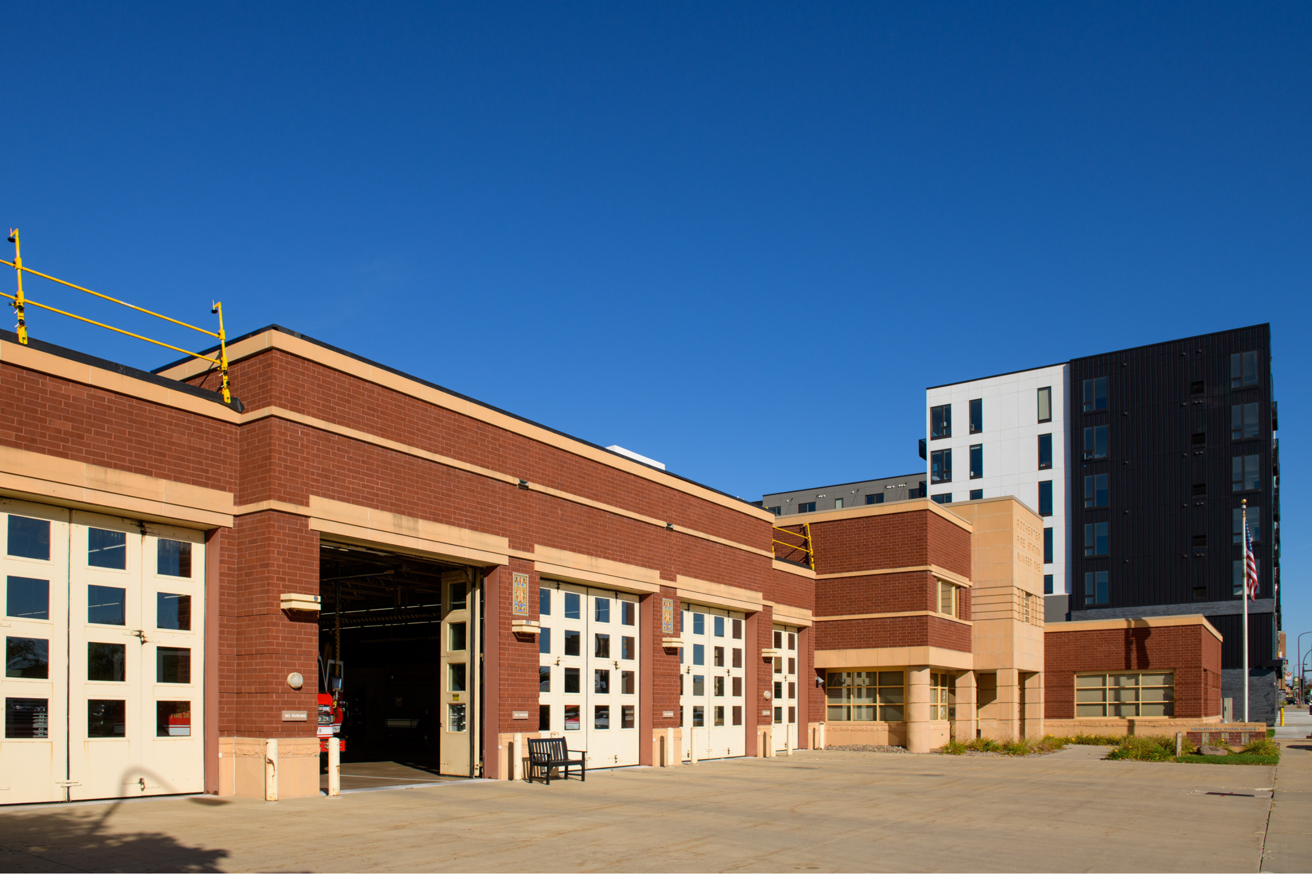 exterior view of a brick fire station in downtown rochester