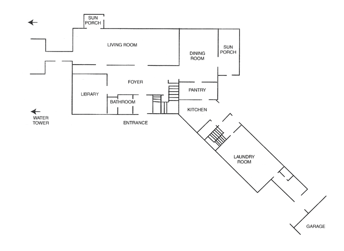 Floor plan of the main floor of Plummer House showing the living room, dining room, library, foyer, kitchen, pantry, bathroom, laundry room, sun porches, and garage connection.