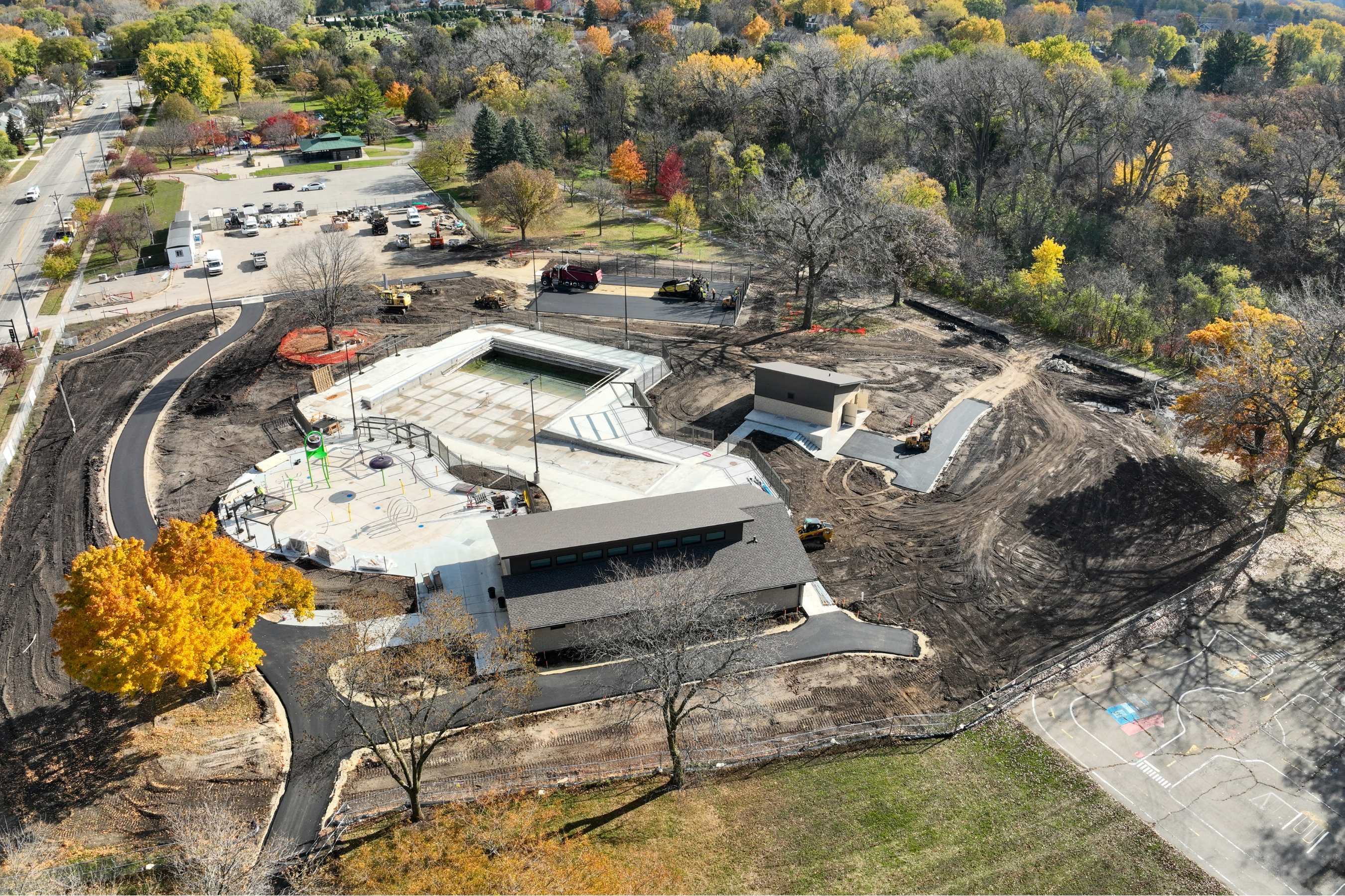 a drone view of Silver Lake Pool and splash pad under construction