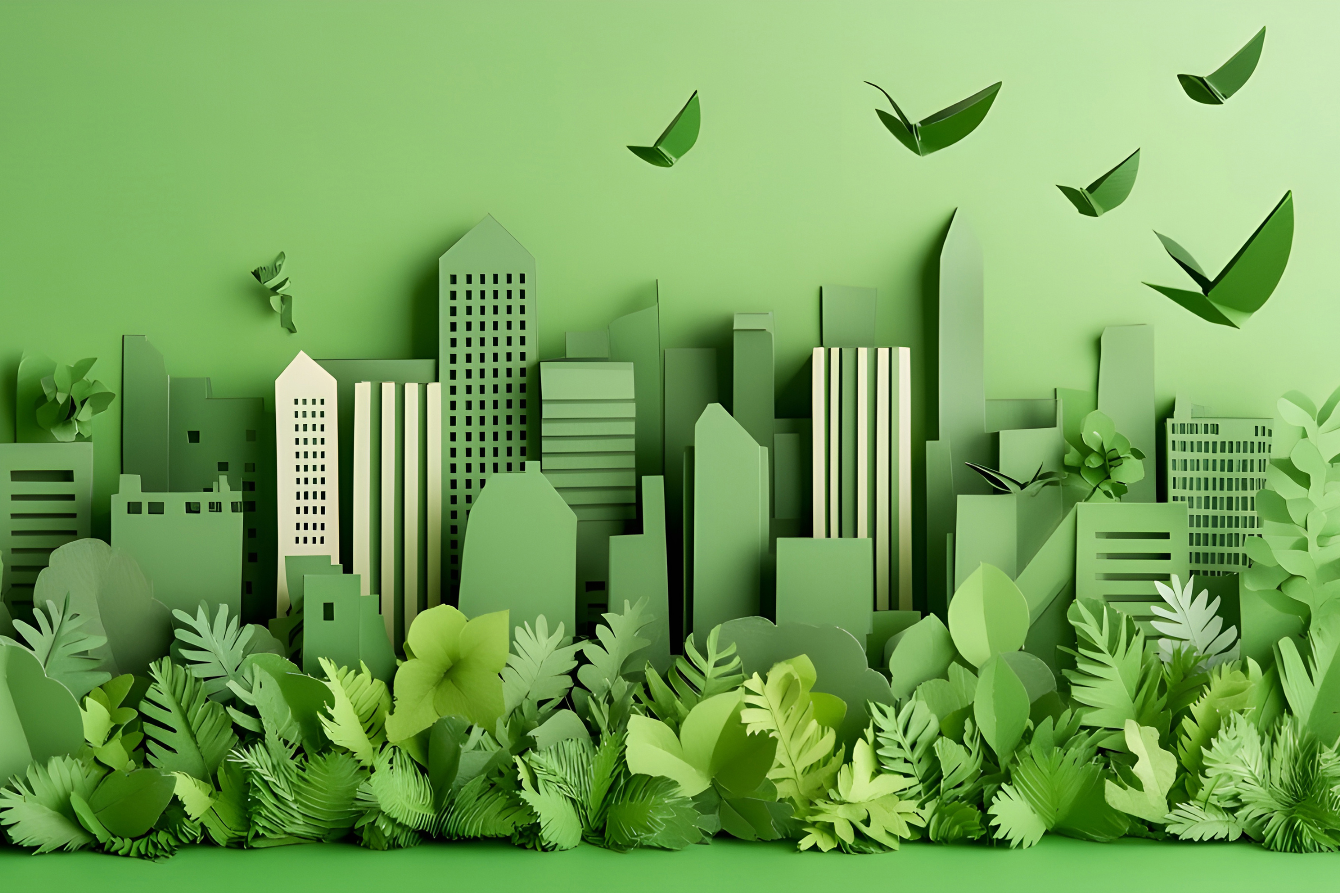 a city skyline made of paper in hues of green with leaves and birds