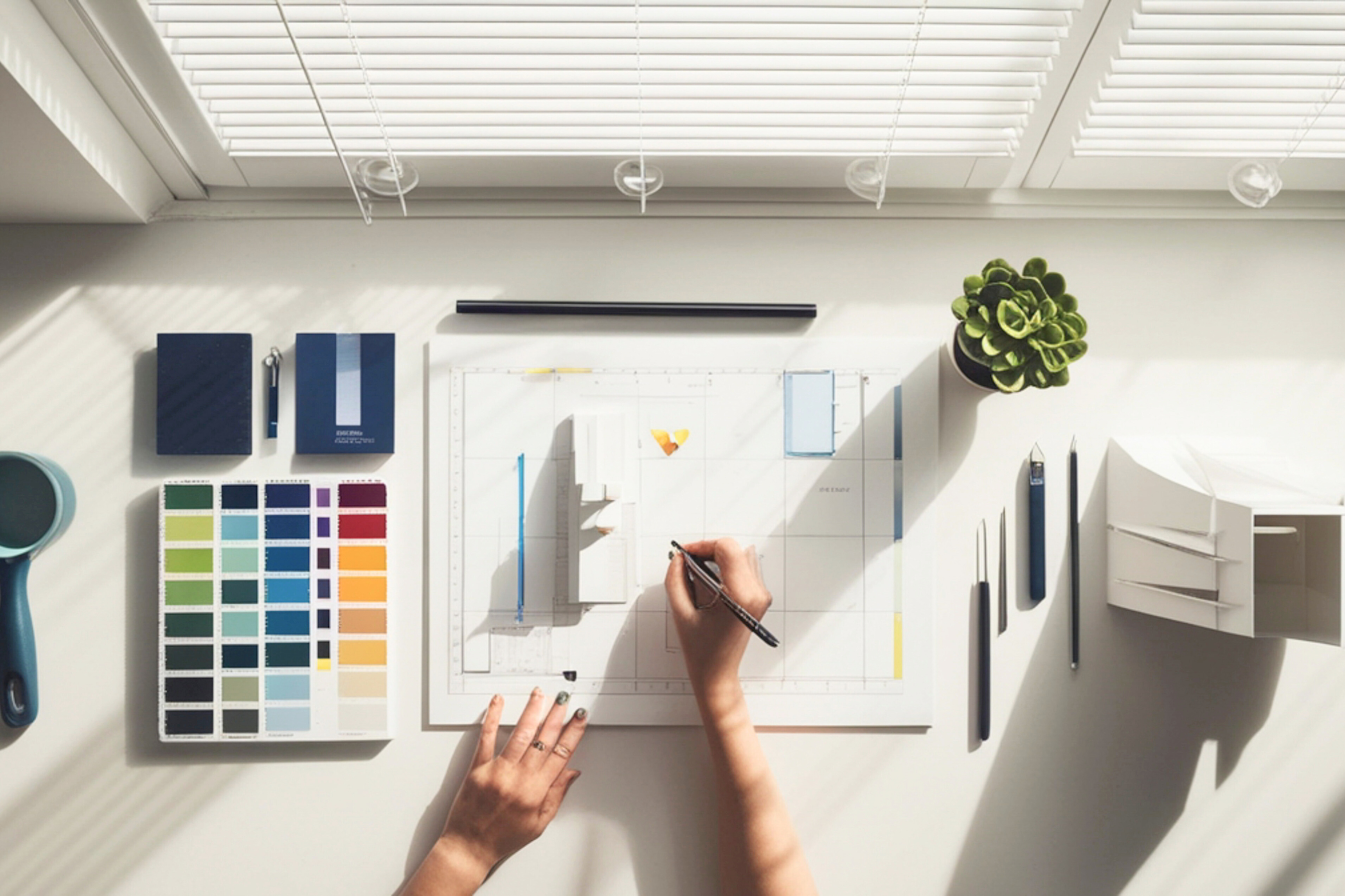 two hands working on a colorful strategic plan