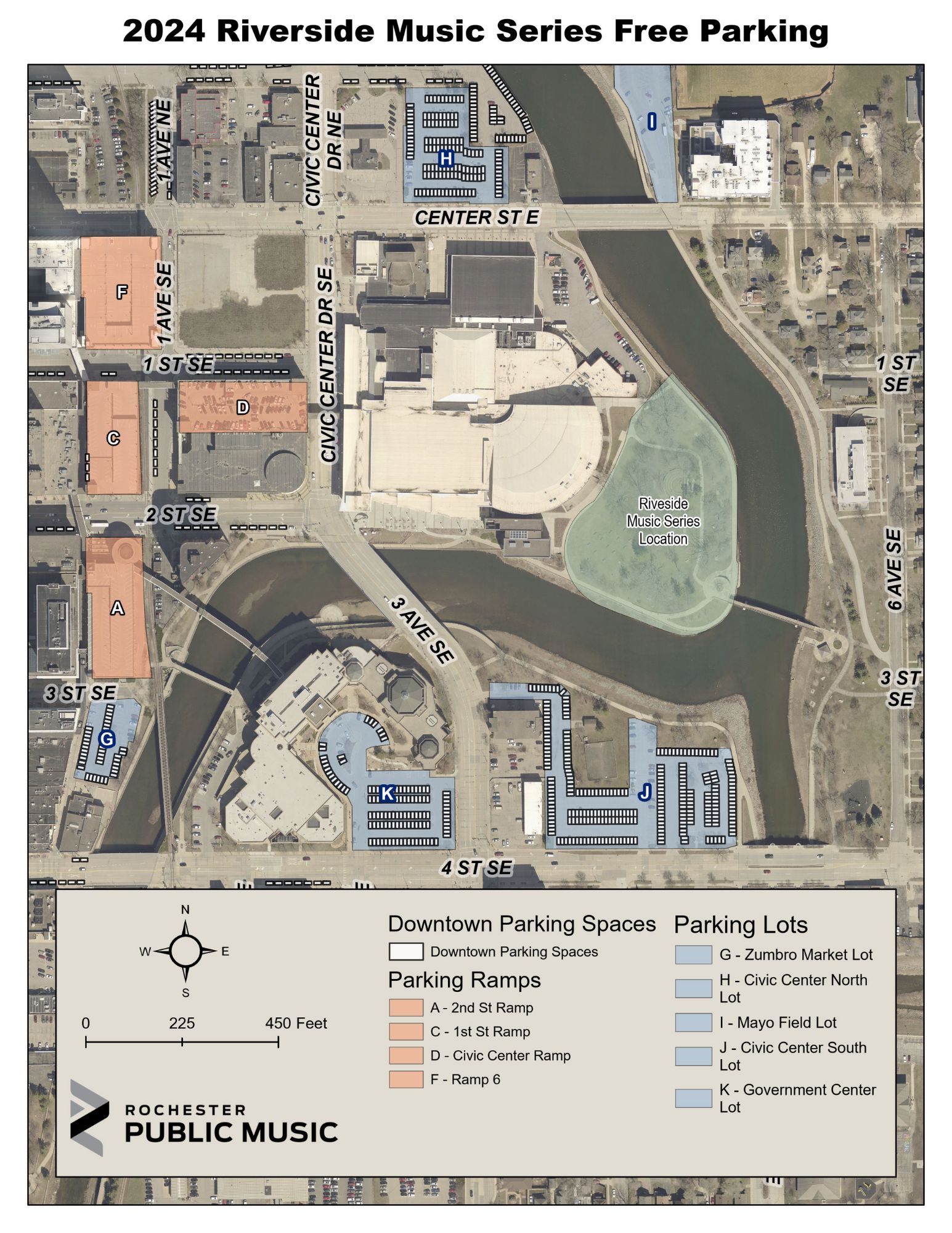 Map showing Mayo Park and nearby parking options for Riverside Music Series
