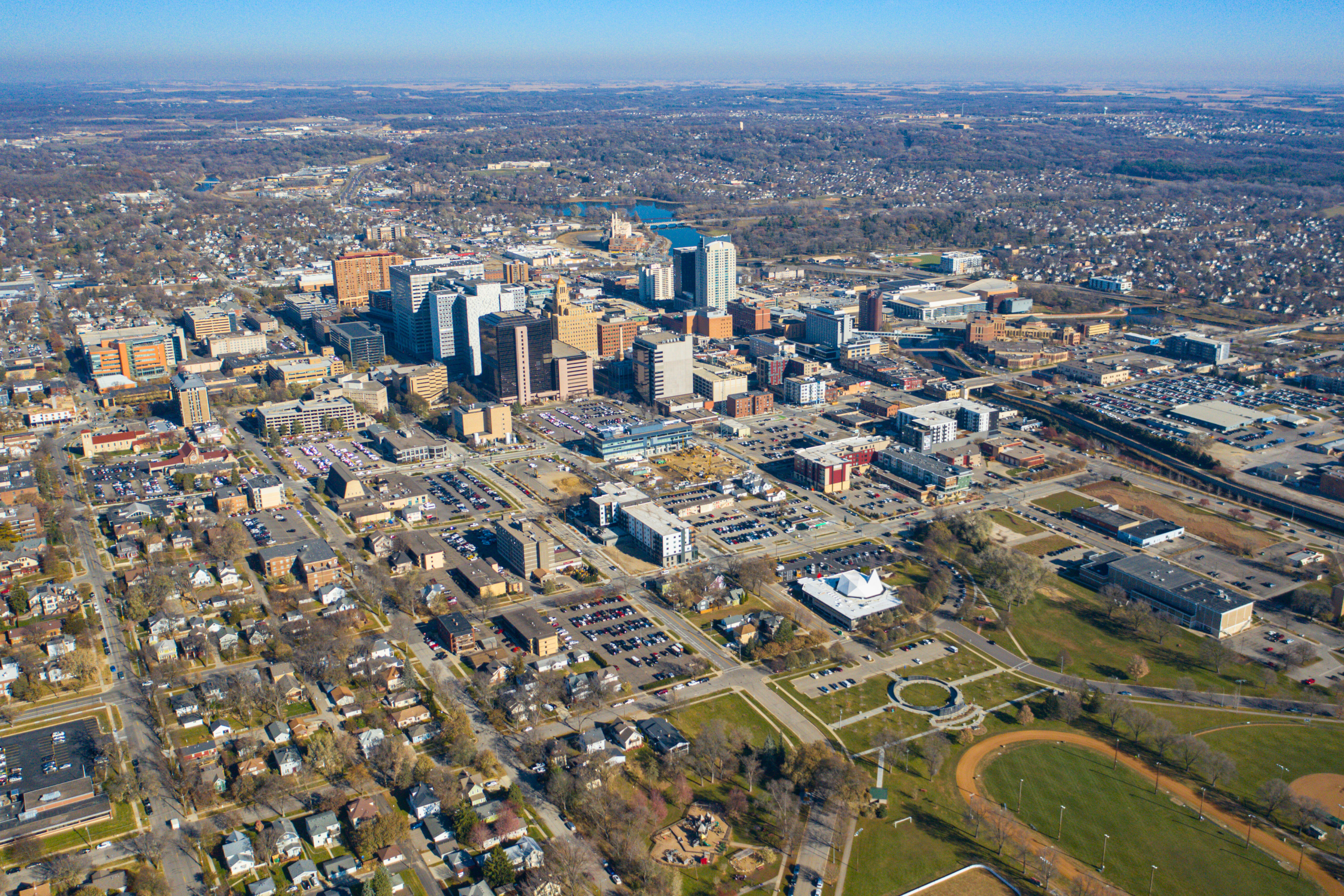 wide view of downtown Rochester from a drone
