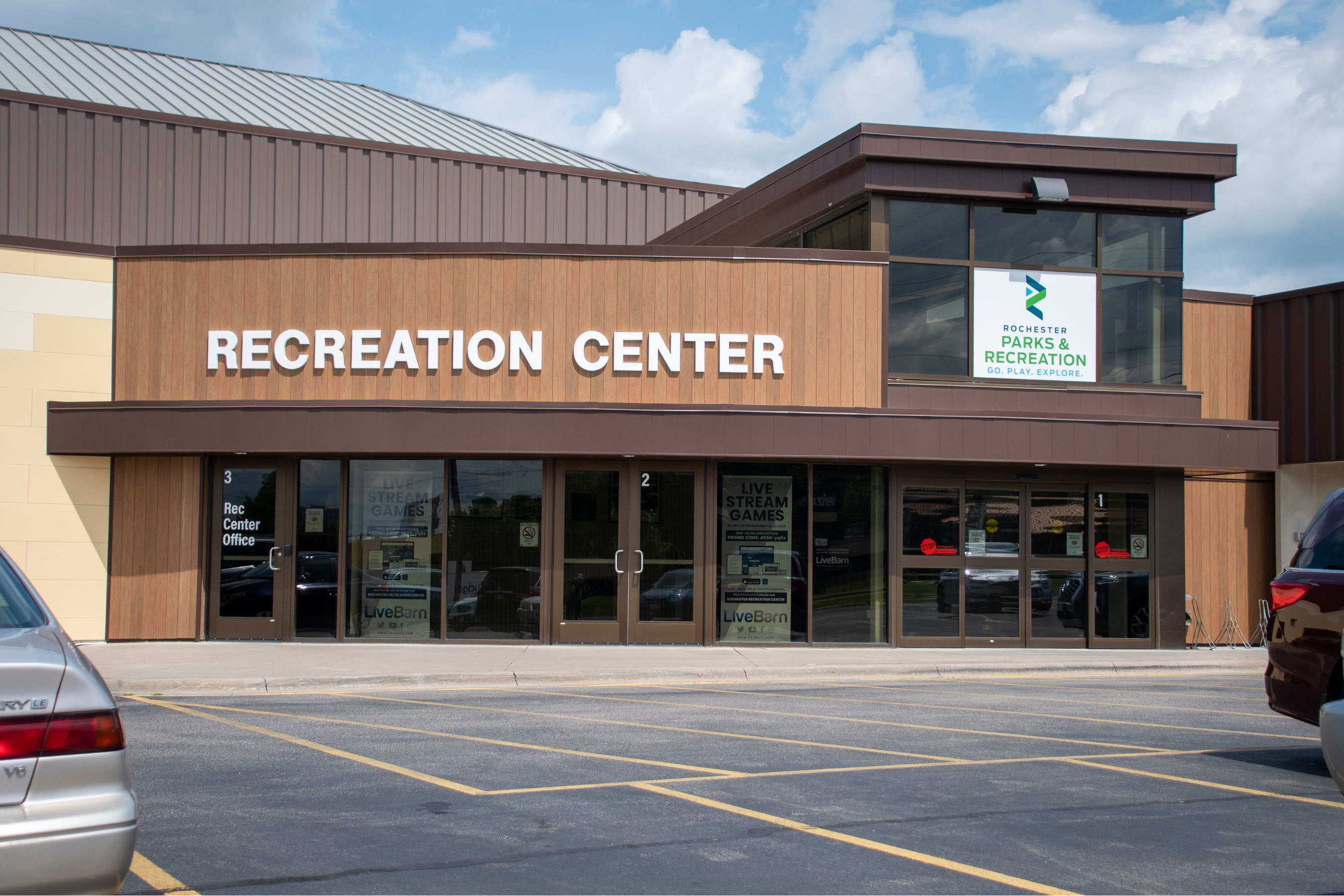 exterior view of Rochester Recreation Center from the front doors