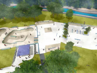Rendering of one design option for the Silver Lake Skatepark expansion, showing an expanded concrete skatepark with bowls, ramps, rails and other skate features surrounded by green space and trees.