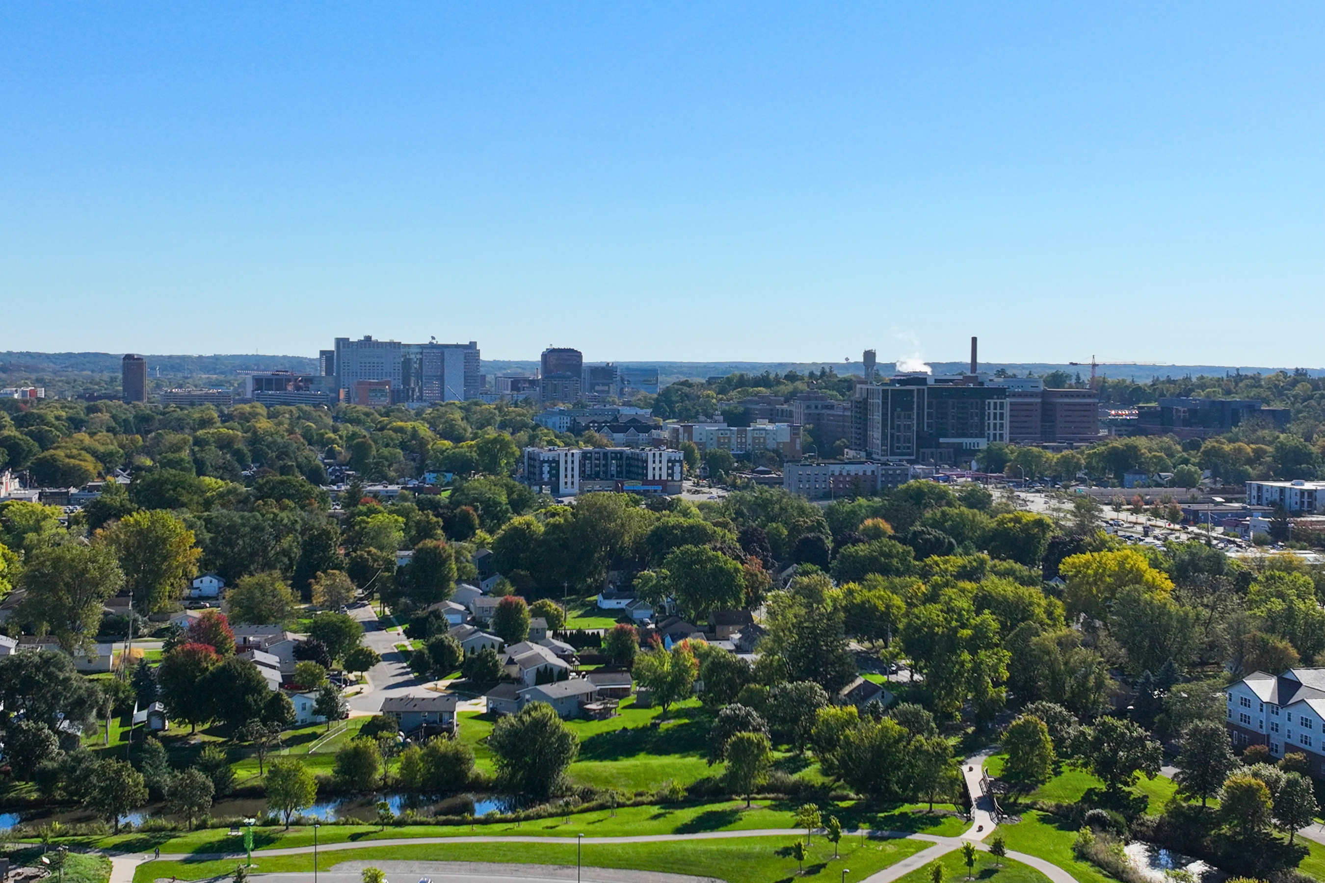 drone view of Rochester taken on a blue skied summer day