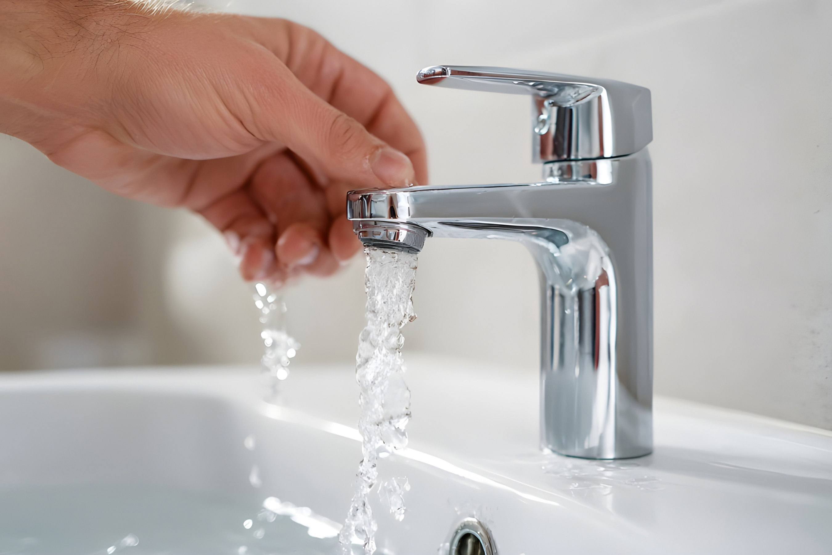 a hand reaching to an up-close water faucet pouring water
