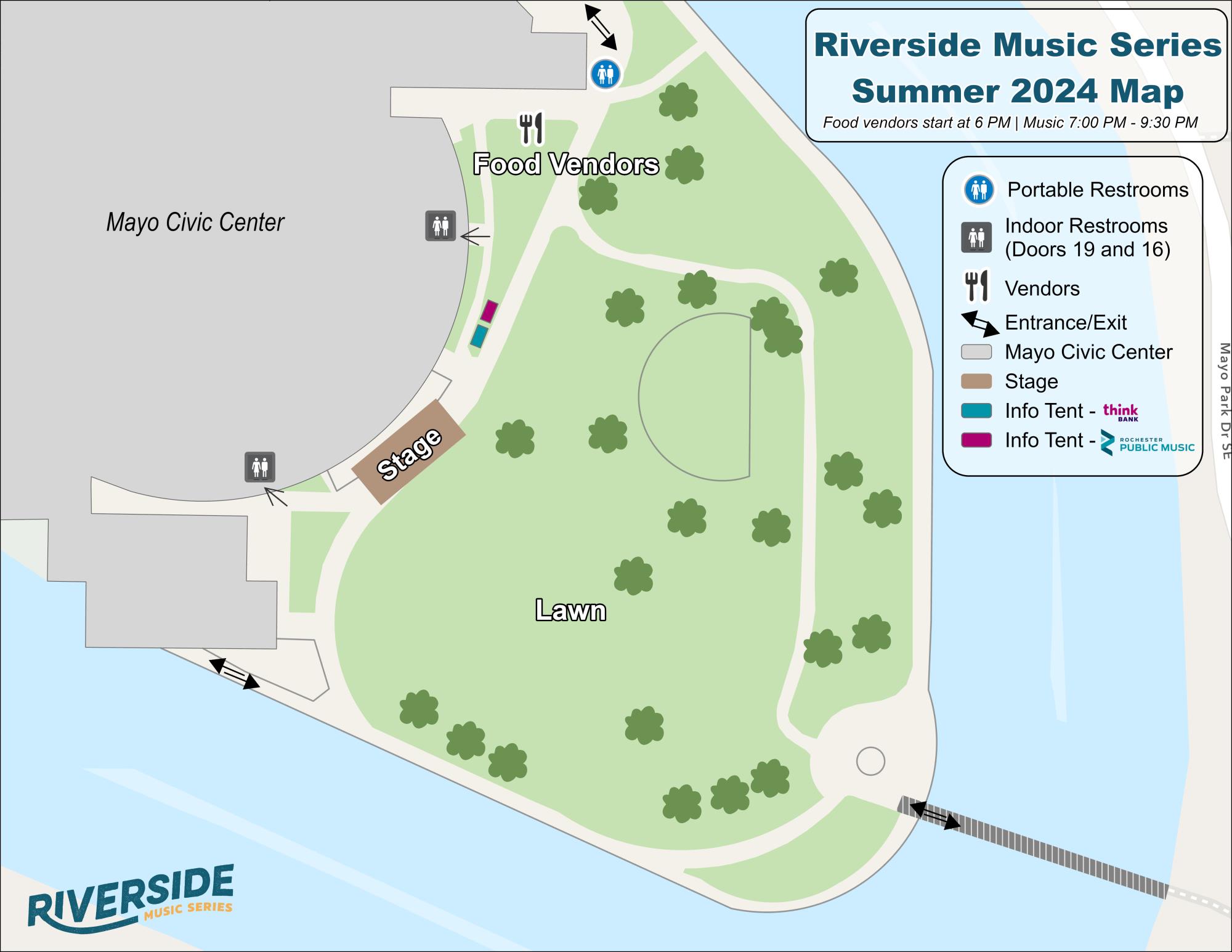 Map of Mayo Park and Riverside concert area