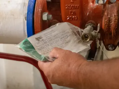 paperwork attached to a pipe being inspected by an unknown person