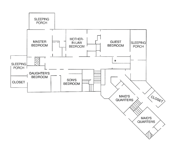 Floor plan of the second floor of Plummer House showing master bedroom, a daughter’s bedroom, a son’s bedroom, a mother-in-law bedroom, sleeping porches, closets, guest accommodations, and maid’s quarters.