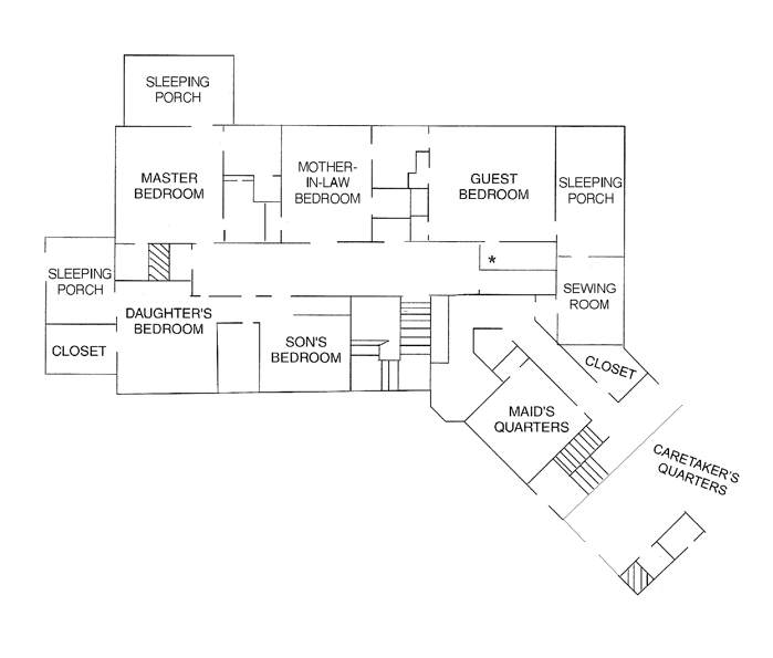 Floor plan of the second floor of Plummer House showing master bedroom, a daughter’s bedroom, a son’s bedroom, a mother-in-law bedroom, sleeping porches, closets, guest accommodations, and maid’s quarters.