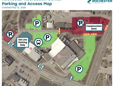 Map showing construction in the northeast corner of the Rochester Recreation Center parking lot, blocking access from North Broadway Avenue and closing the roadway along the north side of the building between the east and west parking lots. The parking lot west of 125 Live is reserved for 125 Live patrons only. All access to the Rochester Recreation Center is available from Elton Hills Drive NW.